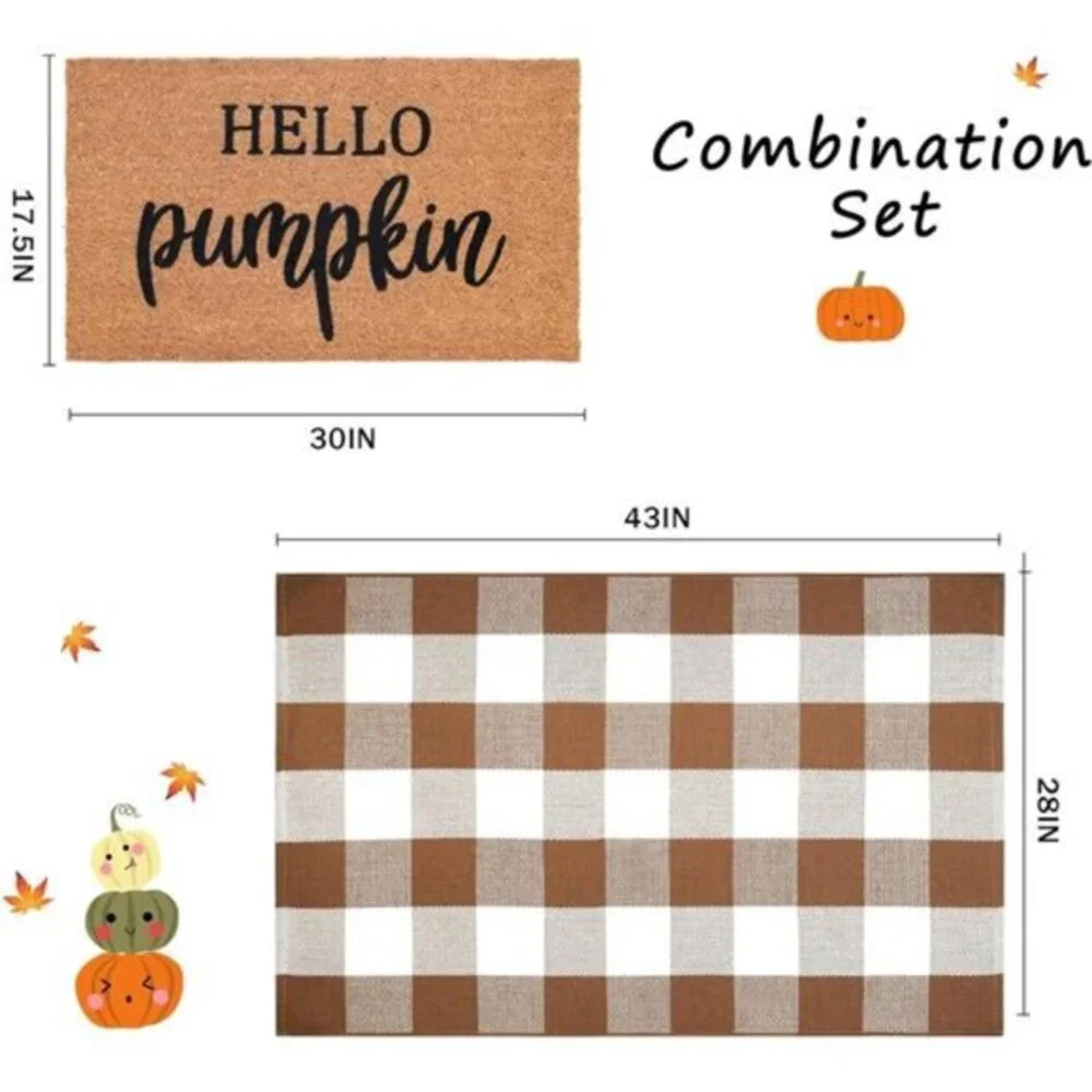 Fall Welcome Mat Set: Coco Coir Mat & 28x43 Coffee/White Plaid Rug -Autumn Decor